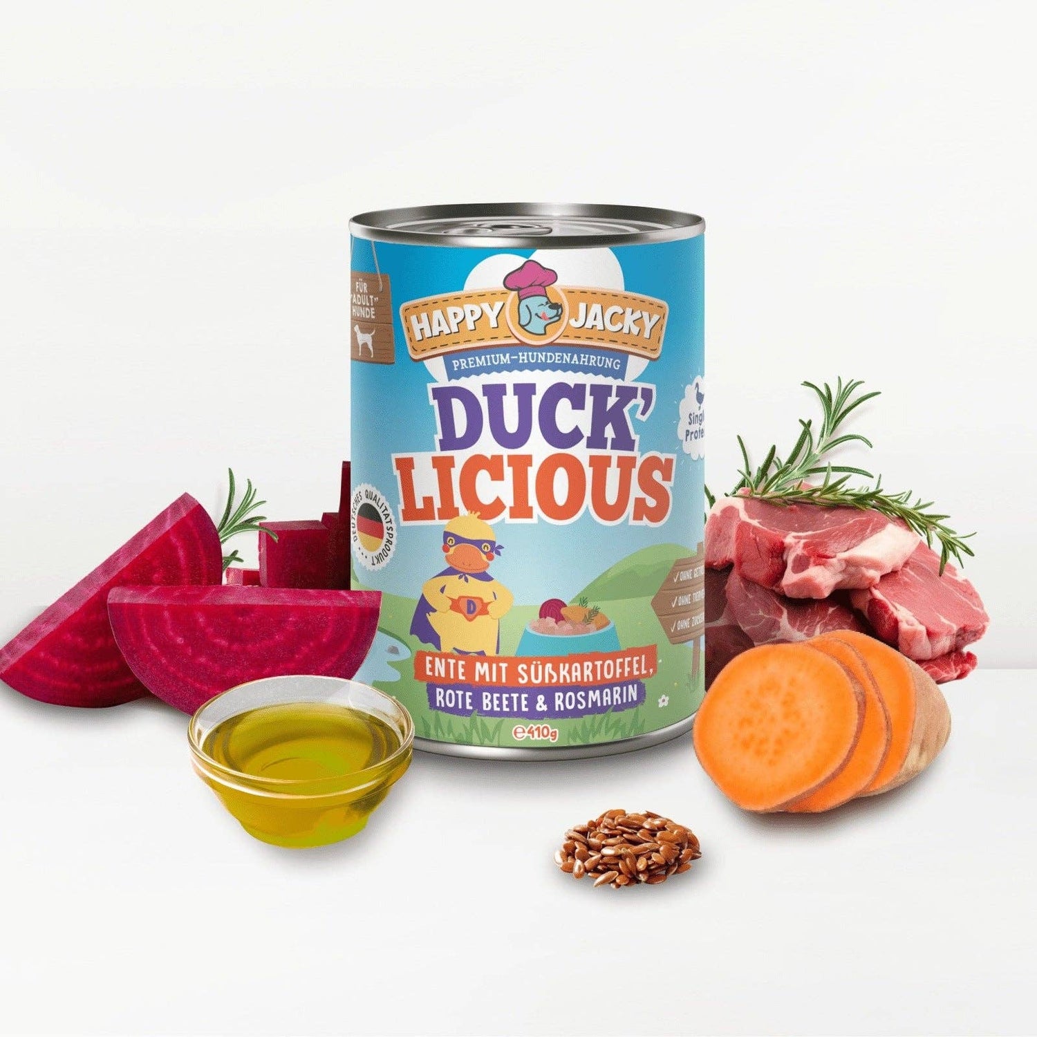 HAPPY JACKY | extra sensitives High-Premium Nassfutter für Hunde ohne Getreide | Ente mit Süßkartoffel, Rote Beete & Rosmarin | ohne Konservierungsstoffe, Zuckerfrei
