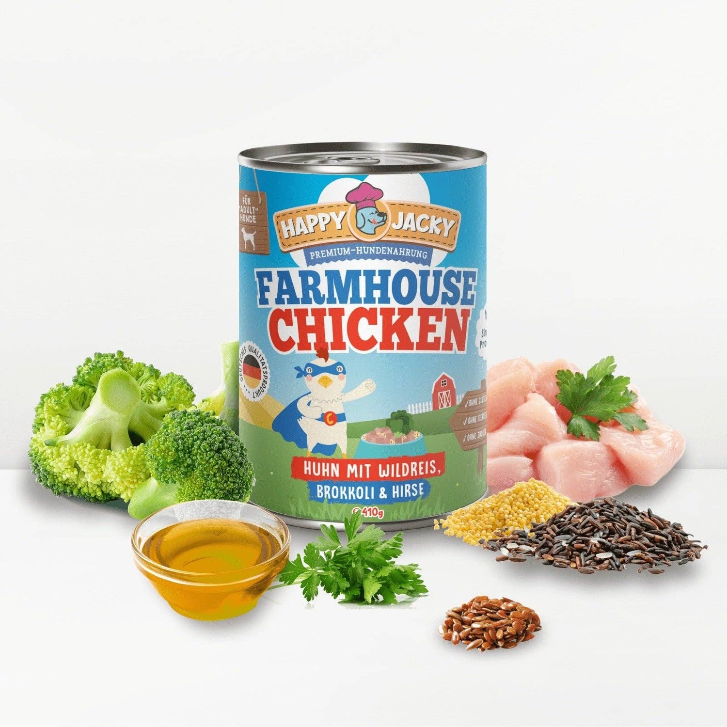 HAPPY JACKY | extra sensitives High-Premium Nassfutter für Hunde ohne Getreide | Huhn mit Wildreis, Brokkoli & Hirse | ohne Konservierungsstoffe, Zuckerfrei
