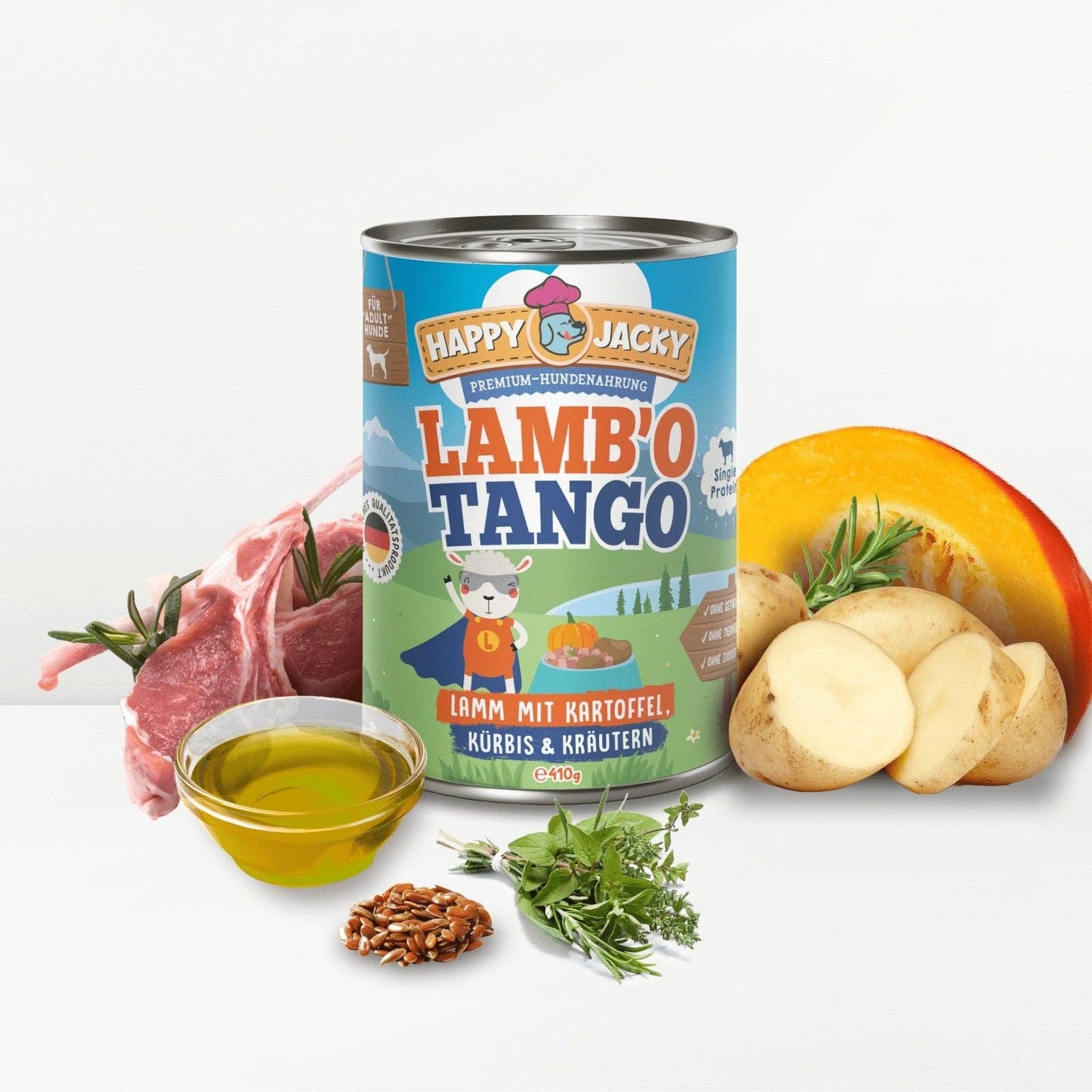 HAPPY JACKY | extra sensitives High-Premium Nassfutter für Hunde ohne Getreide | Lamm mit Kartoffel, Kürbis & Kräutern | ohne Konservierungsstoffe, Zuckerfrei